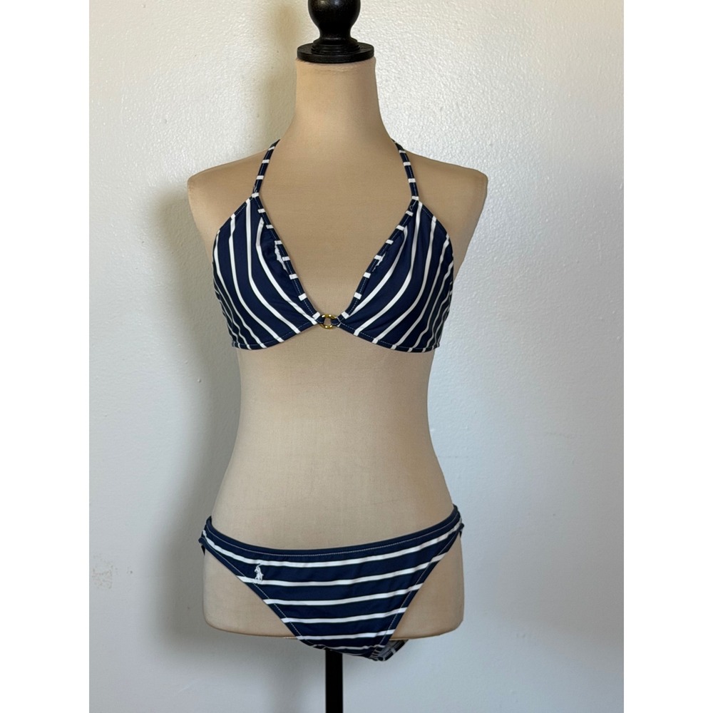 Polo Ralph Lauren Womens Navy White Striped Bikini swimsuit Large vacation beach